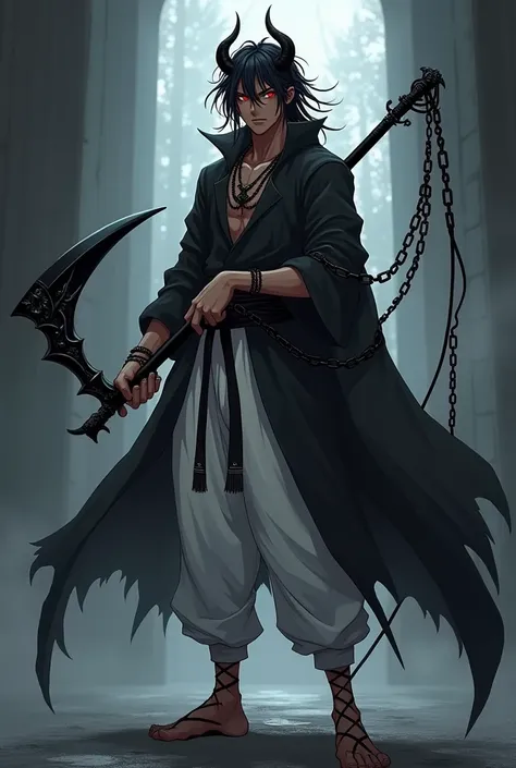 anime boy (dark fantasy) with black dreads, red eyes, brown skin, black horns and a black cloak and white martial arts pants  with black chains around him as he holds a black scythe (full body)