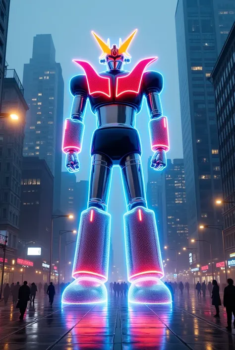 photorealistic image of a very realistic neon colored holographic statue of a Japanese giant robot Mazinger Z, in the center of the city, image from above, (masterpiece: 1.4), (super high quality 8K), (very realistic)