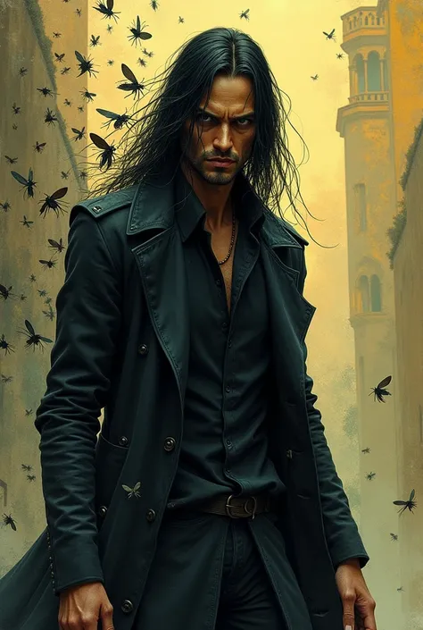 Create a slim male human character, with a psychotic and frightening expression. He is surrounded by a swarm of small insects, reflecting your connection to nature. Your skin is light brown, and he has long black hair, that cover part of your face, giving ...