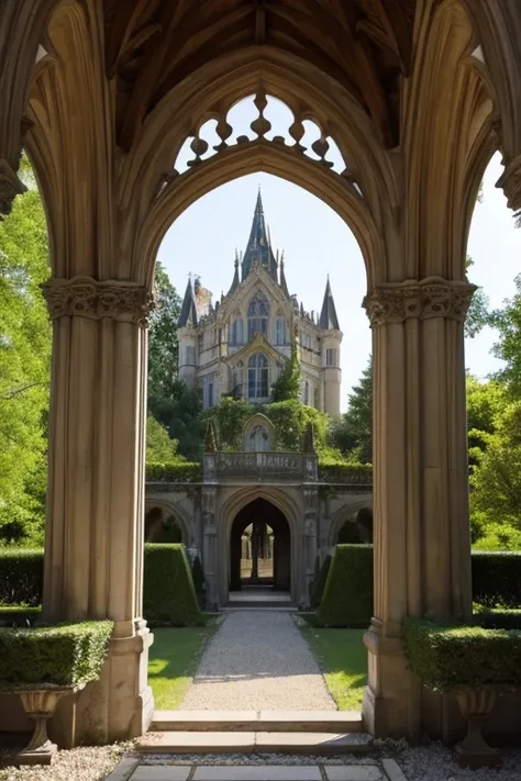 Gothic architecture、The exterior is a wooden building、There is a little yellow、antique、There is a large garden, a fountain and a path leading to it.、There is a building at the end of the path、Victorian atmosphere、The arch is open and the path leads to the ...