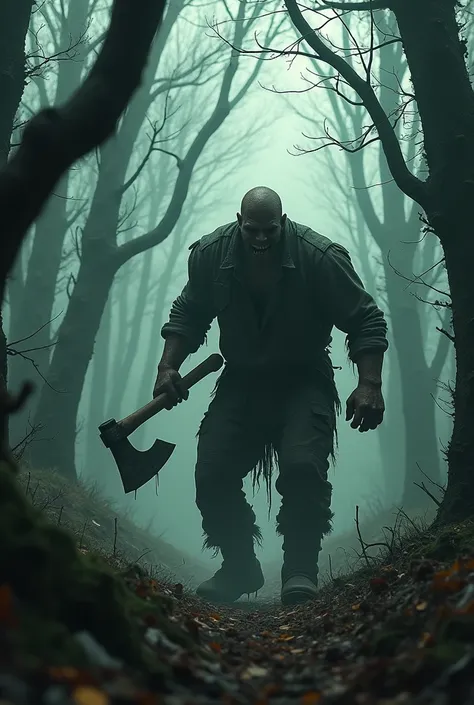 make a haunted forest, extremly scary,dark and somber tones, a mysterious lumberjack is chasing people in the forest, he is trying to kill them with his axe, extremely detaild, photoshot_( ultra), photoshotrealisitic, realisitic, Post-processing, Maximum d...