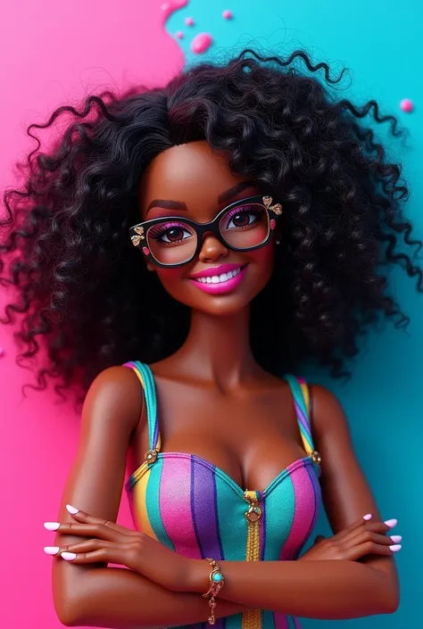 I want to create a fat black Bratz with glasses, almost curly hair down to the shoulders, Grinning,   who does nails, background with pink and light blue paint drips,  e unhas neon note by lou 