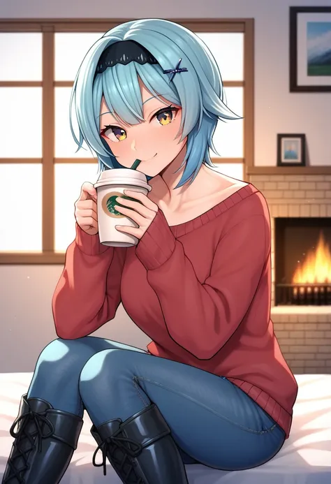 score_9, score_8_up, score_7_up, score_6_up, score_5_up, score_4_up, source_anime, 1woman, lora:eula2-000010:1>, euladef, upper body, smile, bed, sit, drinking coffee, looking at the viewer, day, short hair, hairpins, blue hair, yellow eyes, sweater, jeans...