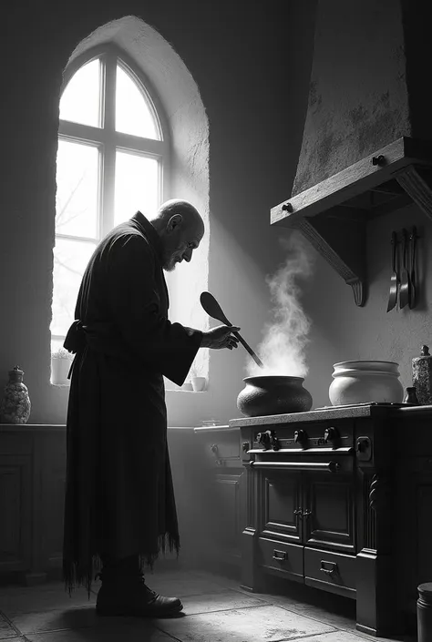 uncle lucas addams style chef with a serbian vuvhillo cooking inside a black and white castle