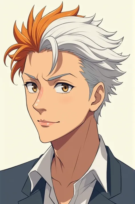 Anime boy middle age with white and orange hair light brown skin and slim face