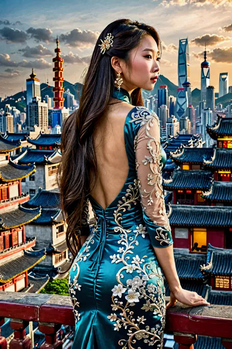 Chinesa, big-ass, long hair, dress with neckline, looking over city