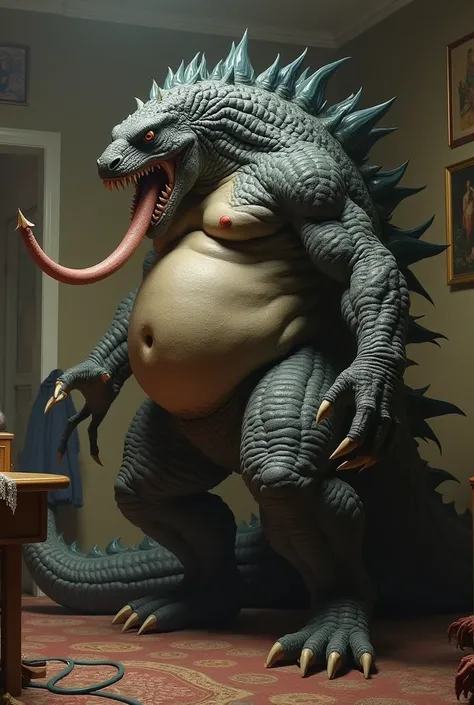 ((((zilla, feral)))), ((((dildo sitting, penis in mouth, open mouth, oral)))), indoors, masterpiece, high quality, realistic, detailed background, ((((side view, anal, penis in mouth)))), ((((hyper, equine penis, stomach bulge, belly inflation, excessive c...