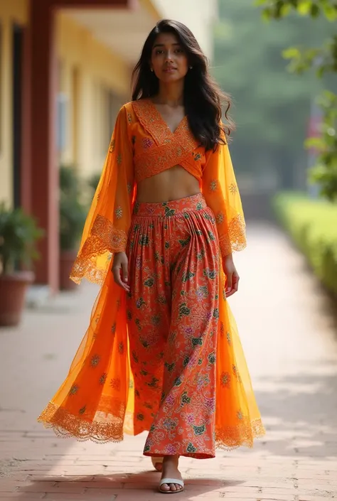 21 year Odia girl wearing Printed pleated pants paired with an overlap crop top and tulle cape with delicate embroidery in college look inside NIT Rourkela college 
