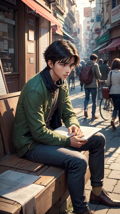 A busy city street with people walking around.A young man, Rohan, sitting at a small, quaint café with a sketchpad, surrounded by urban chaos.