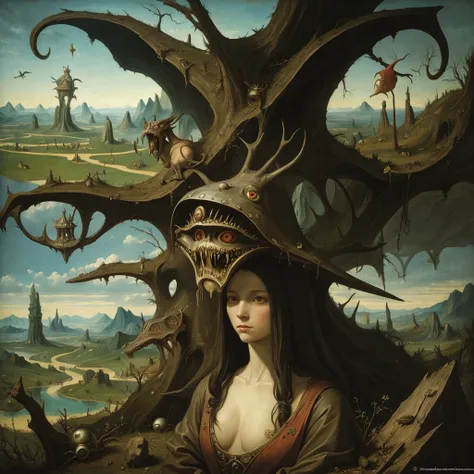  a female monster, inspired by the painting of Hieronymus Bosch, against the background of a surrealist landscape