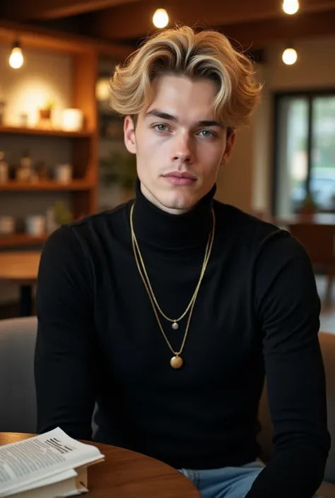 A 2 man with blonde hair in a mid-fade, light blue eyes, and pale skin. He is wearing a black turtleneck and a gold necklace. The image is taken in a cozy indoor setting, such as a cafe or a well-lit living room. He is seated, perhaps with a book or a cup ...