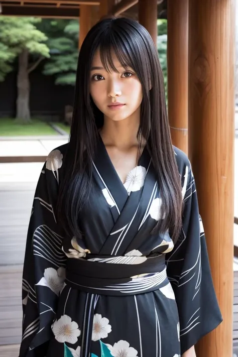 Japanese face、Long Black Hair、Open yukata、slender