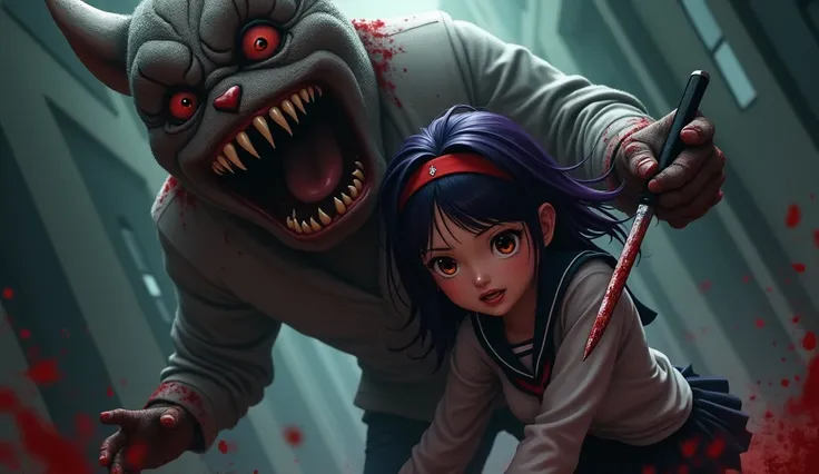 a school girl with long dark purple hair,beautiful detailed eyes,beautiful detailed lips,extremely detailed eyes and face,longeyelashes,red headband,brown eyes,long-sleeved shirt,black skirt,tries to escape,trips and falls to the ground,terrifying mole mas...