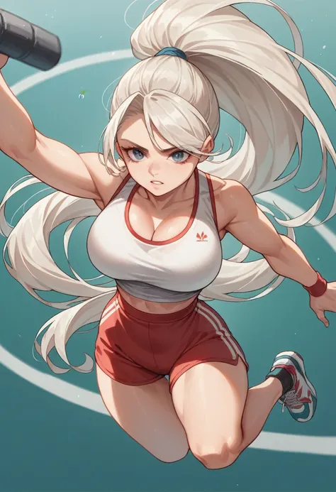 ((masterpiece:1.2, Highest quality)), 1. Aldi, alone, (Gym Wear), Platinum Blonde, Long Hair,  (Top View, Front Focus, Look straight ahead), (amount), Jumping, Above the waist, ponytail, Big Breasts,  we:1.1