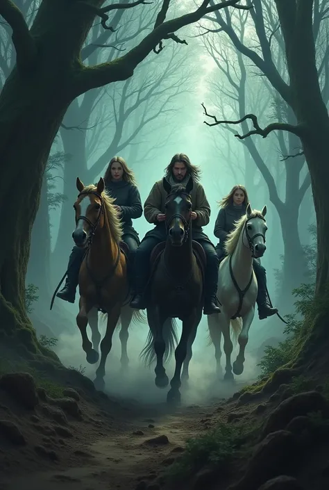 3 friends riding on wild horses in best scary forest make it more realistic and dangerous 