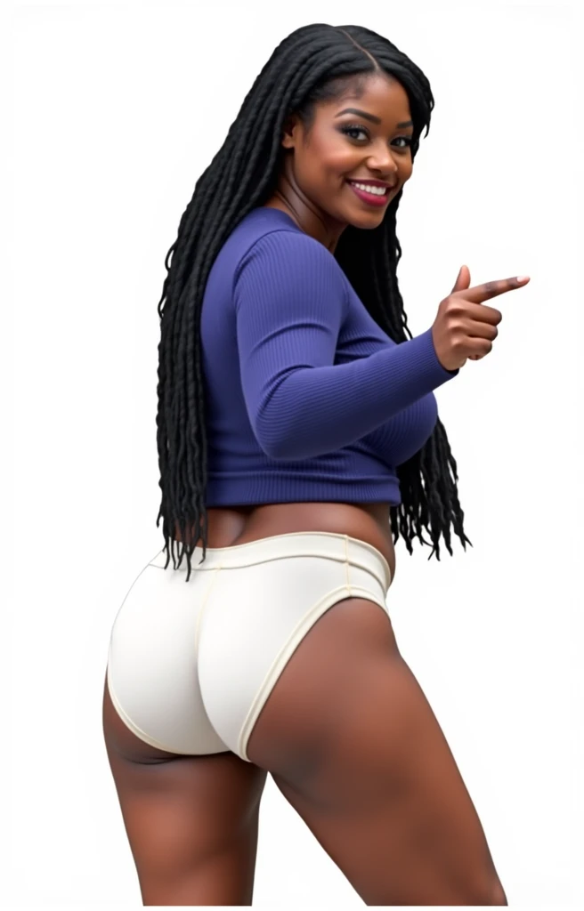 (masterpiece, best quality)), ((((perfect anatomy)))), Heavyset black woman with long black hair, dark eyeshadow, dark red lipstick, blue sweater, (((big white cotton panties))), big booty, smiling, (((photo realistic))), ((90s film, 90s movie scene, 90s T...