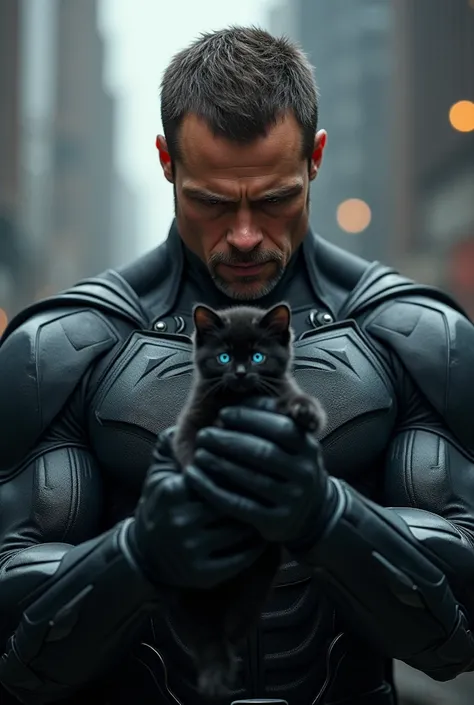 a superhero  similar to  Brad Pitt  holds in his hands a very small black kitten with blue eyes