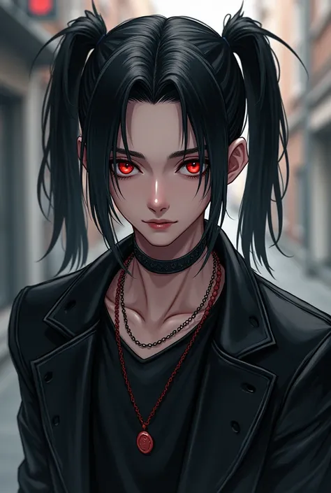 Male,black hair,tied ponytails,social clothes,red eye