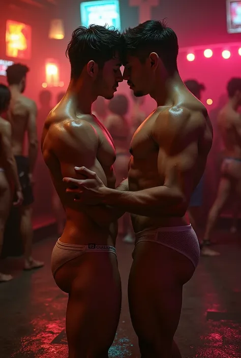 2 muscular men facing the camera on the floor, naked wrestle where one hand is groping the others penis , fully nude, handsome, one asian , one European , sensual, on a strip club, drooling audience, aroused penis, showing penis, transparent outfit, see-th...