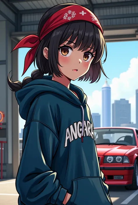 Girl with bandana and hoodie in front of tuning car,tokio in background,angarage text on hoodie,manga