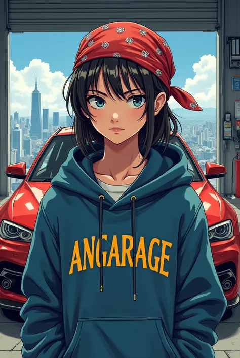 Girl with bandana and hoodie in front of tuning car,tokio in background,angarage text on hoodie,manga