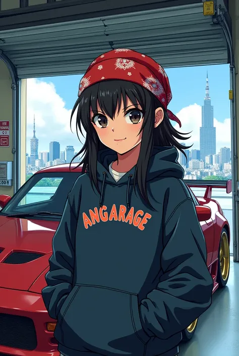 Girl with bandana and hoodie in front of tuning car,tokio in background,angarage text on hoodie,manga