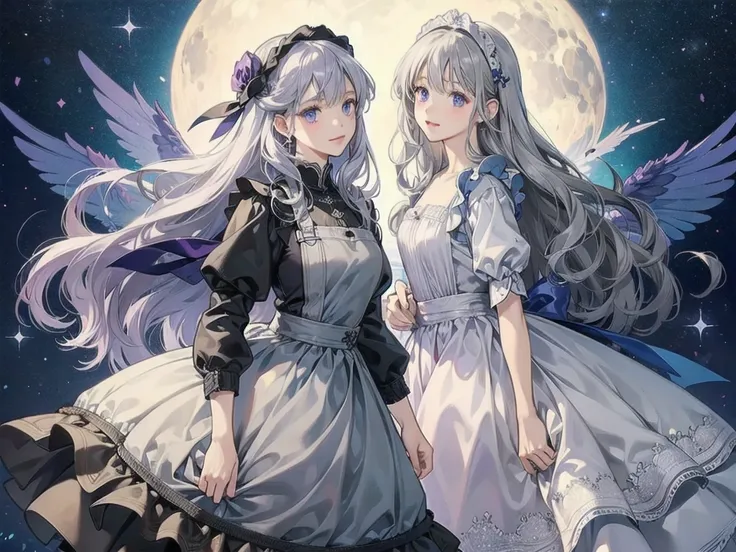 ((Highest quality)), ((masterpiece)), (detailed), Gray Hair、Blue-violet eyes、Long Wavy Hair、beautiful girl、Town Girl Dress、Apron dress、middle ages