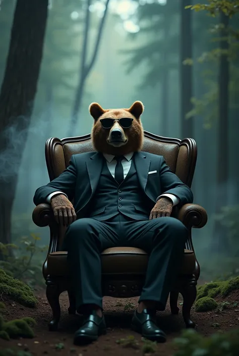 Generate for me a 3d 4k dark forest movie scene realistic setting with light and smoke effects with a grizzly bear in a suit sitting in an armchair with sunglasses 