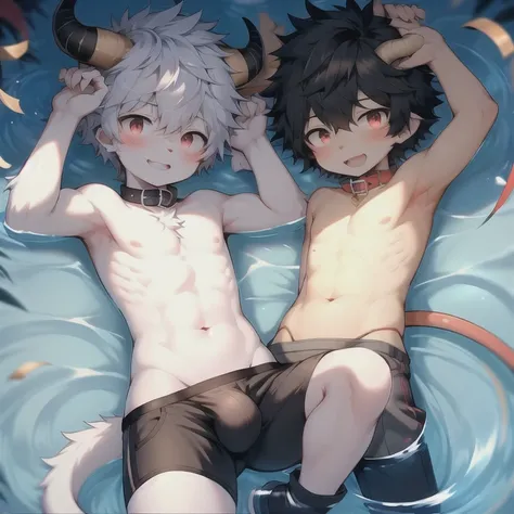 The whole body is covered with talisman paper，happy，Shota，Bulge in pants，blush，emaciated，little devil，Devil Horns，Orange-red eyes，Brownish-black skin，As a pet，Collar，Demon King，Hypnosis，Swimming pants