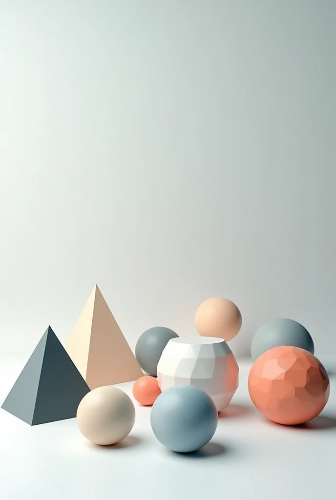 generates a horizontal image of educational geometric bodies for a cover where they are separated by group: pyramids, Prisms, regular polyhedra, round bodies
