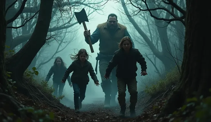 make a haunted forest, extremly scary,dark and somber tones, a group of people in the front of the image running desperately, and in the background a lumberjack holding his axe chasing this group of people, extremely detaild, photoshot_( ultra), photoshotr...