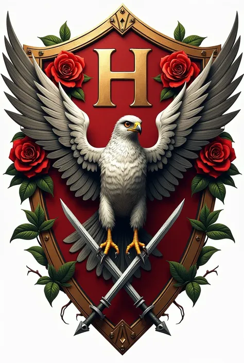 Create a shield for a school called las rosas, emphasize the letter h, add a falcon, also put swords on the sides of the shield and also put the signs of Gemini and Taurus on the sides and the h above the falcon and put the falcon in the center, you can ad...