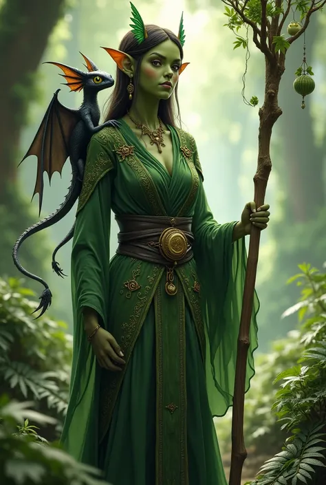 Anthropomorphic female Geico druid with small fairy black  dragon companion 