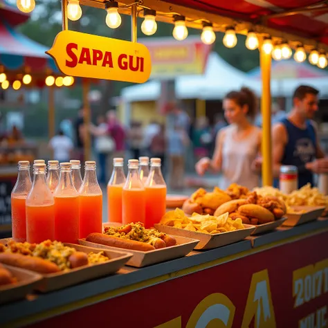 A realistic photo of a food stand displaying a variety of items, including popsicles, bottles of orange soda, hot dogs, and nacho chips. The stand is well-lit, with the items neatly arranged on a counter, ready to be served. The background features a color...