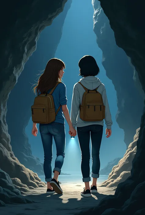 two asian women, one have long brown hair wearing blue shirt and jean, other one have short black hair, wearing white hoodie and black jean, both carries light brown backpack and wearing black sneakers, pointing flashlight forward, walking inside cave, 2d ...