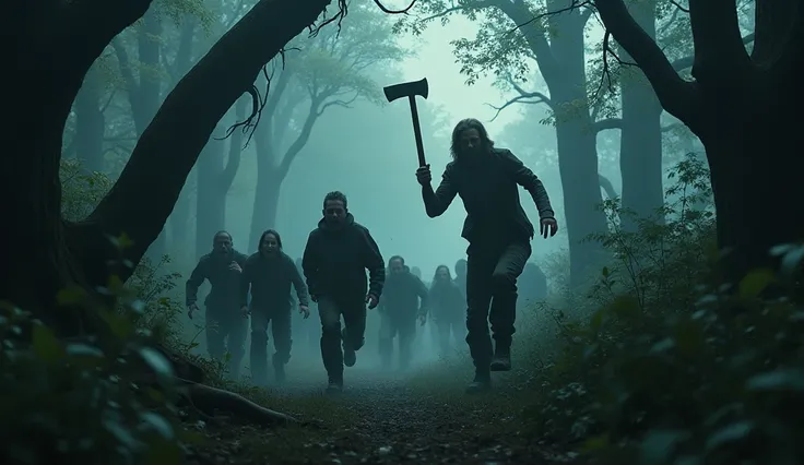 make a haunted forest, extremly scary,dark and somber tones, a group of people in the front of the image running desperately, and in the background a lumberjack holding his axe running after these people, extremely detaild, photoshot_( ultra), photoshotrea...