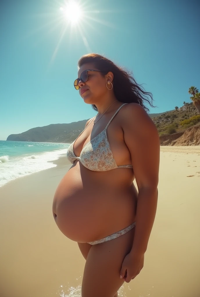 Pov fisheye camera view close up as you relax on malibu beach, california with plus size mother cardi b wearing bikini with big belly while 9 months pregnant on the beach . Hd 14K, Photorealistic, iphone camera style, highly shapering, high detailed, maste...