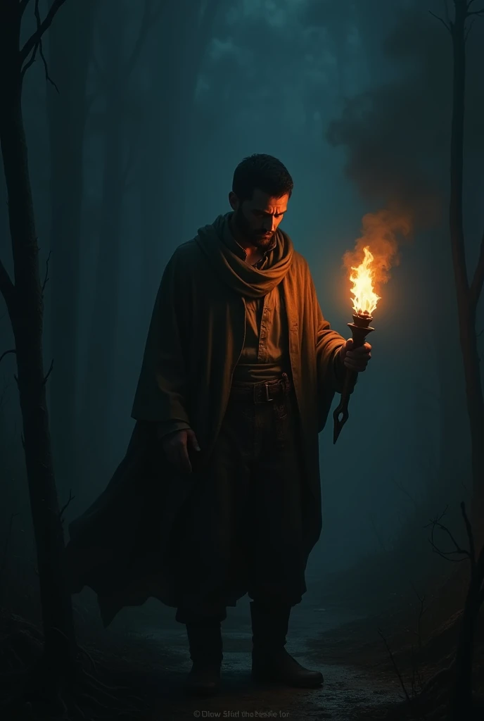 A man looking lost in the dark holding a torch 