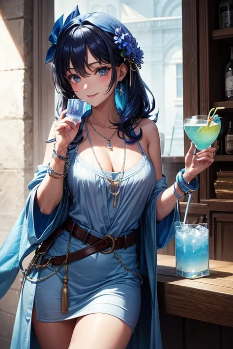 Drinks, blue duster, bracelets bleus, demi-corps, ssmile, holding necklace, head of&#39;unprecedented work, ultra realistic 8k cg, work of&#39;art parfaite, seductive posture, pose sexy, attractive, to do the housework, nice face, visage pur, pale skin, co...