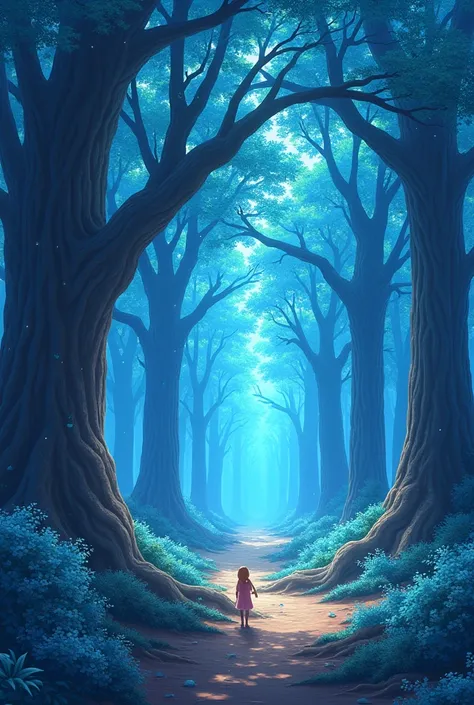 scenography, Oaks Forest, sky blue leaves, energy particles, anime, fancy, magic, without people