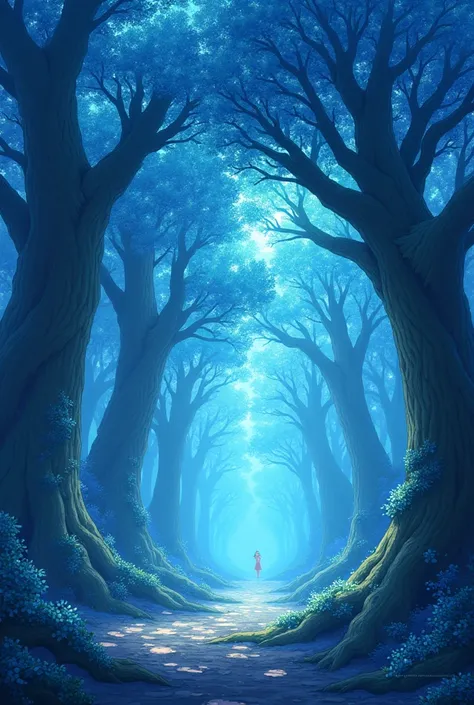 scenography, Oaks Forest, sky blue leaves, energy particles, anime, fancy, magic, without people