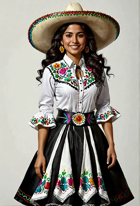 Create a hyper-realistic image of a 30-year-old Mexican woman with wavy hair, dark skin, and dark eyes. She should be smiling and wearing traditional Mexican business attire, specifically a charro dress. The background must be completely white, with no add...