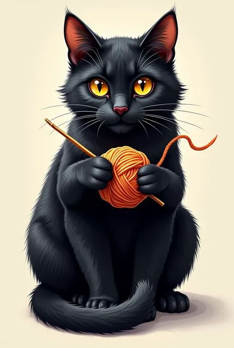 Realistic black cat logo holding a ball of thread and crochet hook with two paws