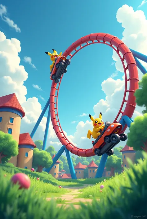 3d modeling poster, an oversized roller coaster rushing out of the scene, super perspective, Pokémon on the roller coaster, through the grass, cartoon buildings in the background, light blue sky, white clouds, c4d, oc renderer, high definition