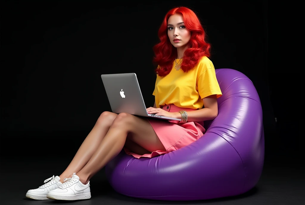 professional photo, fashion sexy woman, in a pink skirt, white nike sneakers, in a yellow T-shirt, with red hair, sits on an inflatable purple chair, holding a macbook pro laptop in my hands, studio photo, high detail, fashion photo, Backlight, Black backg...