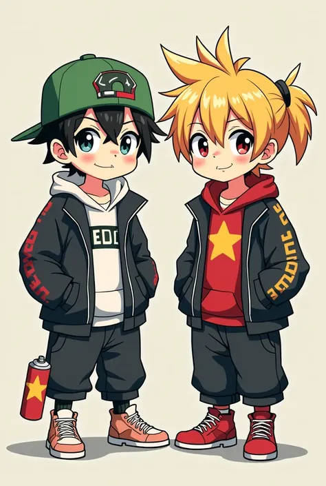 the kagamine brothers from vocaloid cartoon style, dressed in baggy clothes with a cartoon style rapper style: " Ed Edd y Eddie". holding a spray can and with a non-elaborate but understandable drawing style