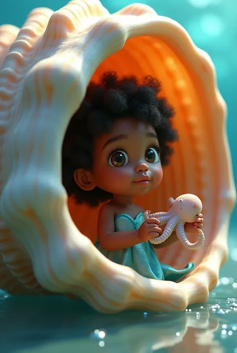  two years old dark skin short curly hair eyes round dark big silos full mouth dressed as a mermaid inside a shell holding a sea squid Pixar 3d