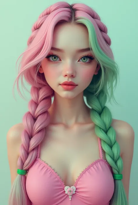 Girl with braided pink and green hair wearing a bra 