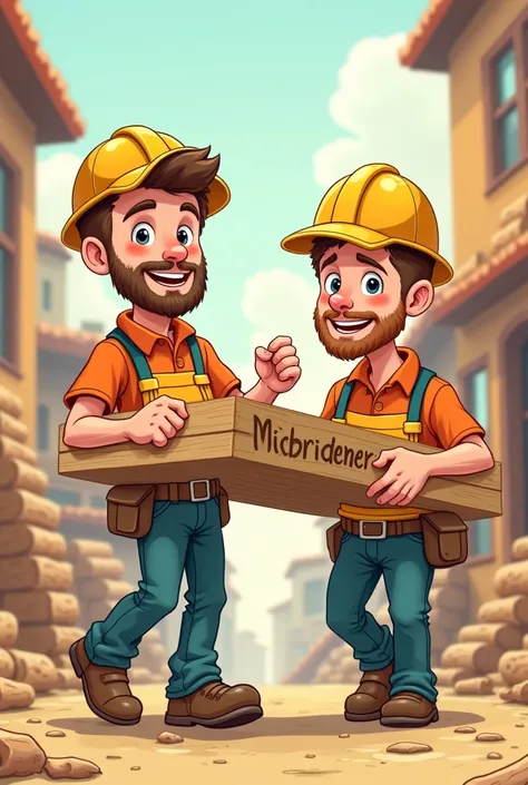 two man cartoon version, carrying wooden plank, brother&#39;s design written on a sign 