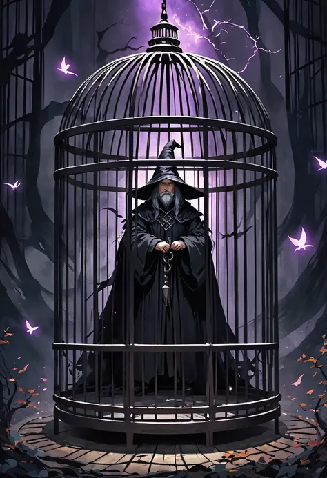 The dark wizard is locked in a cage。